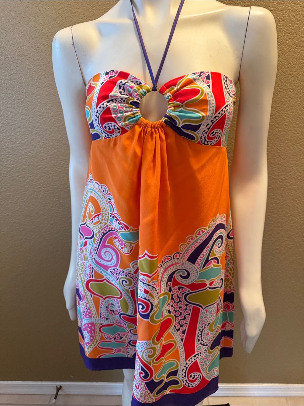 Y2K Vintage Single Dress -100% Silk Orange Paisley Halter Dress